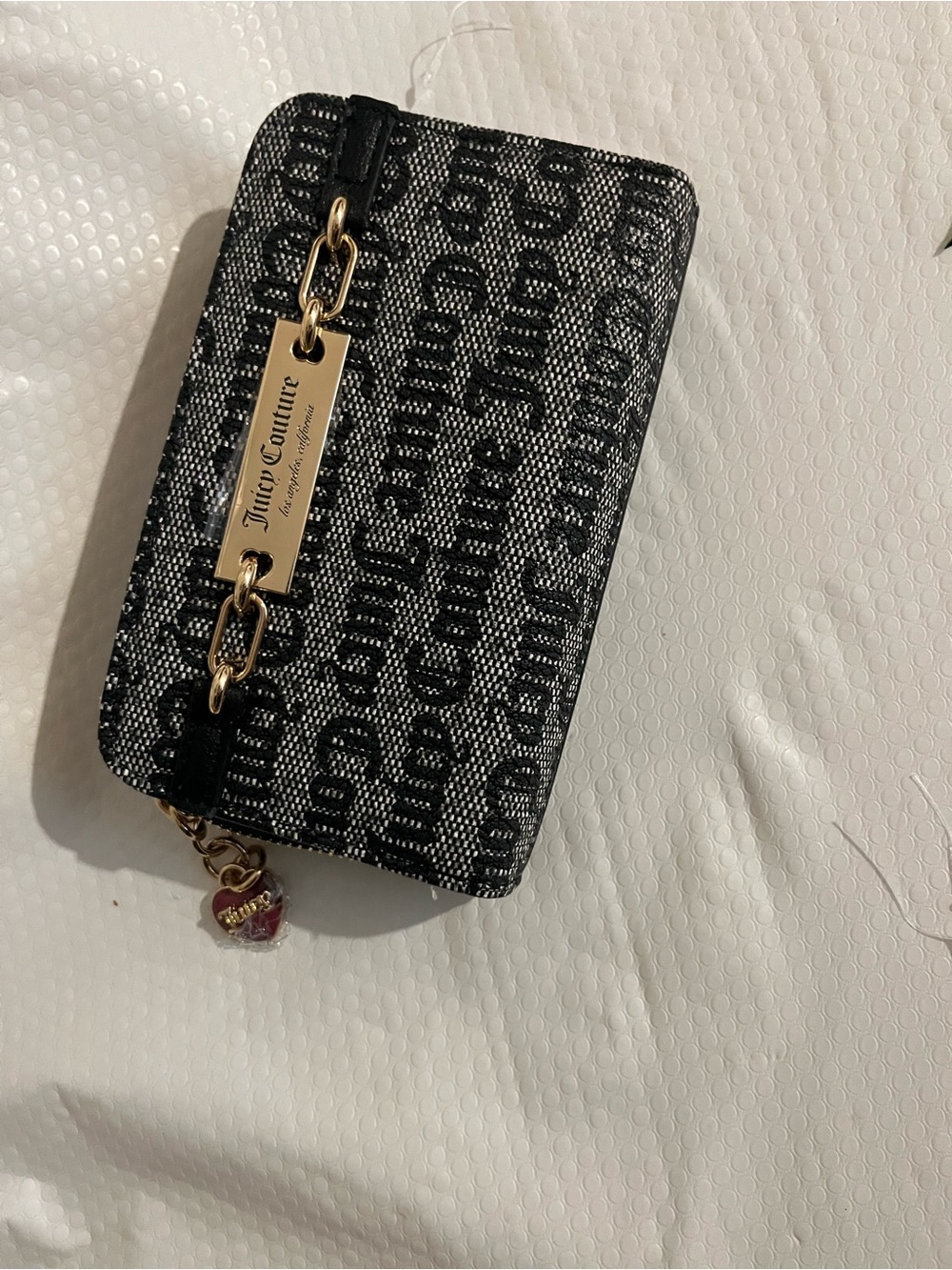 Juicy Couture Black Logo Chain Wristlet with Gold Plate